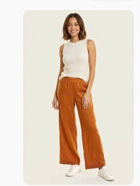 NWT Three Dots Women's Brown Wide Leg 100% Linen Pant In Color Leather Brown